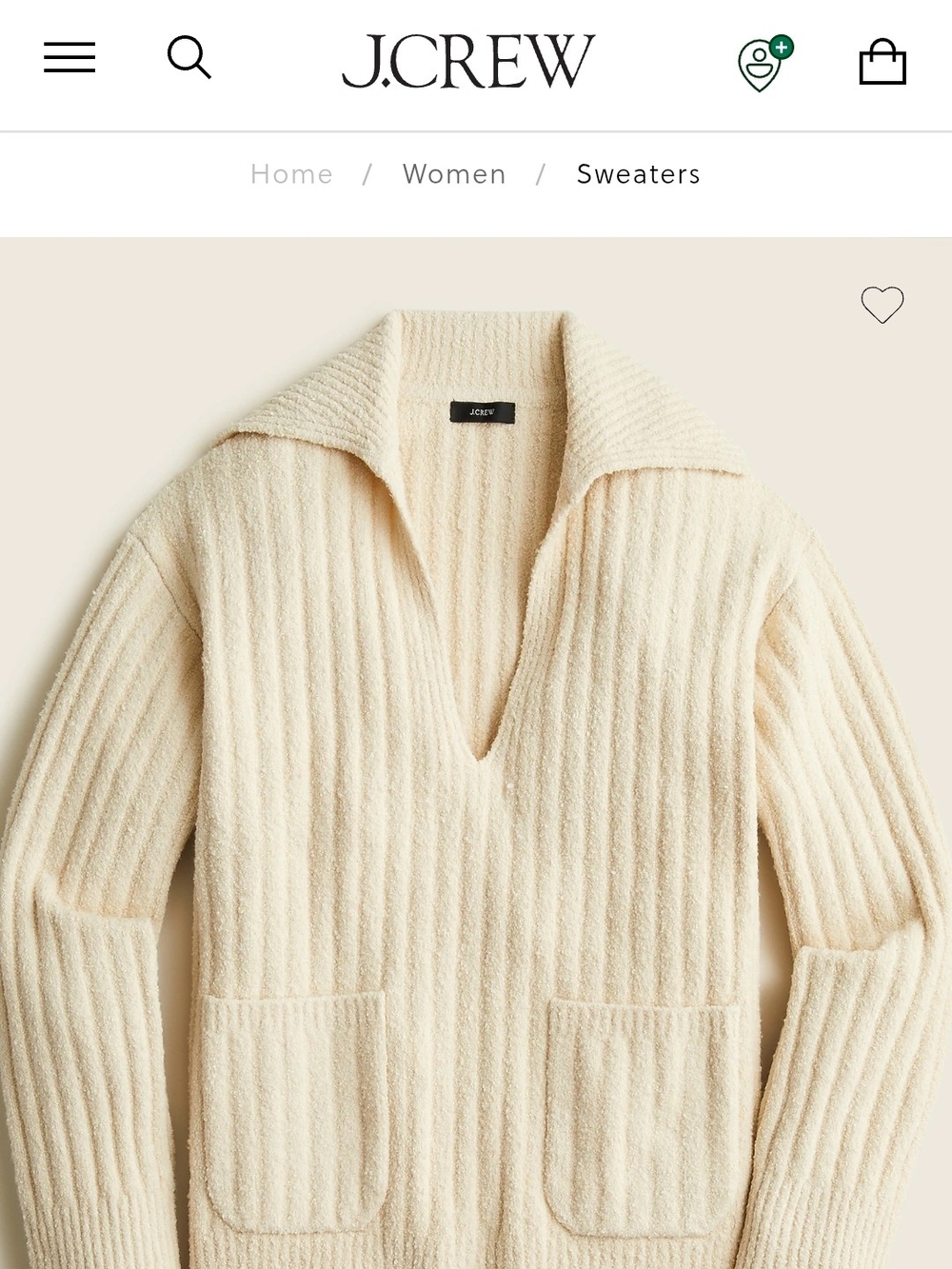 J. Crew Cream Ribbed V-Neck Open-Collar Sweater Size S NWT